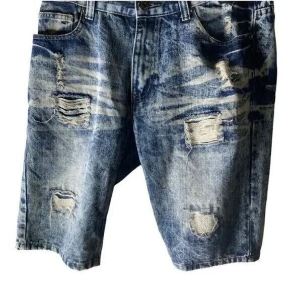 Hype Jean Short Mens Size 32 Acid Wash Distressed Whiskers Urban Hip Hop Pant - Picture 5 of 7